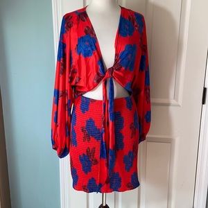 Free People Red and Blue Floral Tie-Front Dress